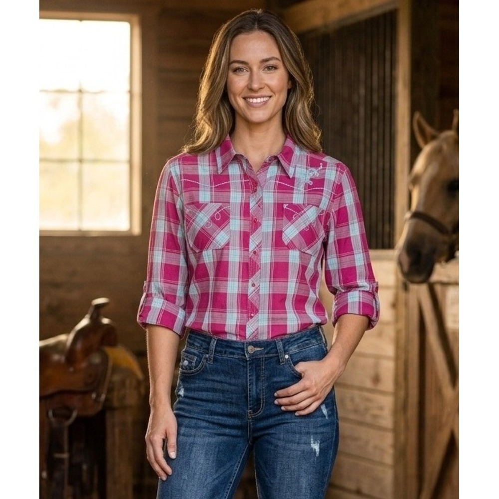 Bit & Bridle Plaid Western Embroidered Roll‎ Tab Pearl Snap Shirt Women's XL Red